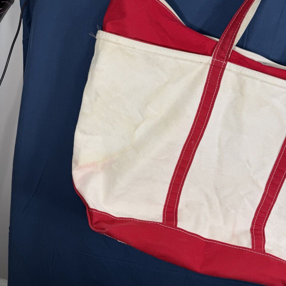 LL Bean Boat and Tote Red Trim White Canvas Tote Bag XL Zipper Top USA Made - Picture 6 of 10
